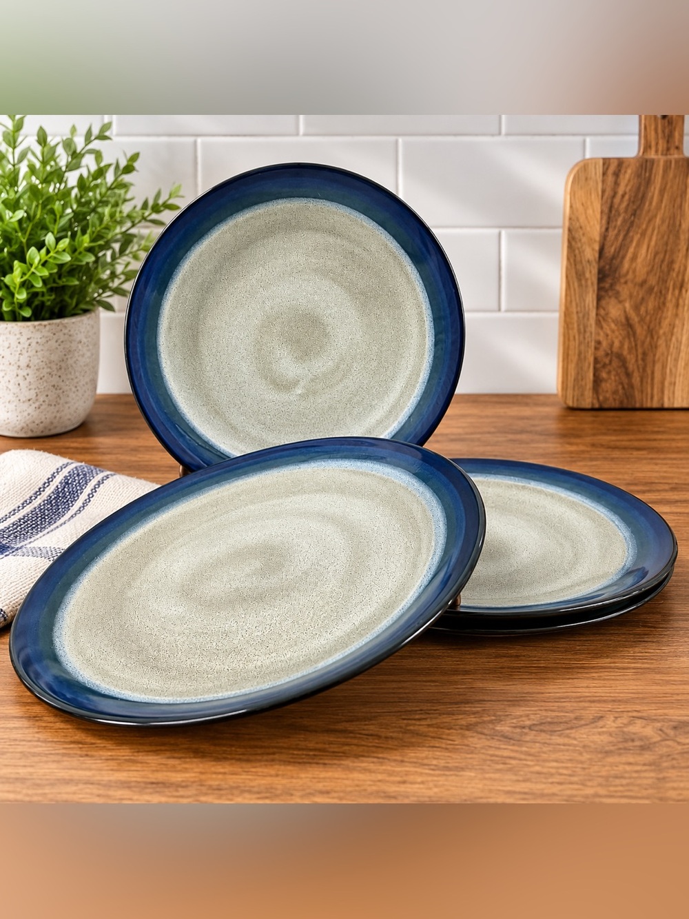 Gibson Elite Couture Bands Blue 11” Dinner Plates Set of 4 Stoneware